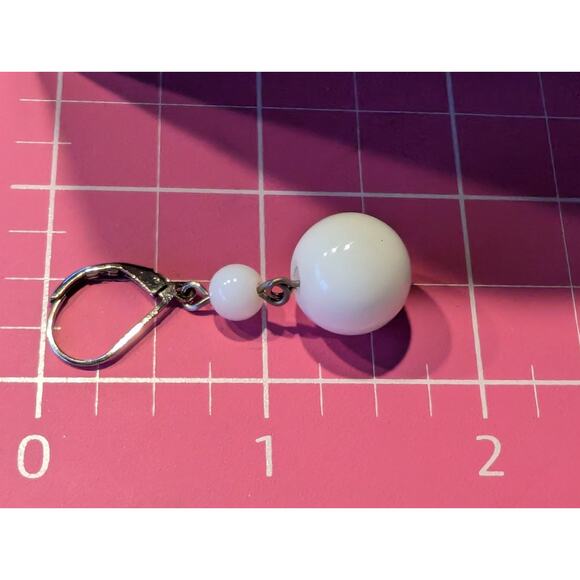 White Glass Silver Tone Lever Back Bauble Dangle Earrings - Picture 3 of 5